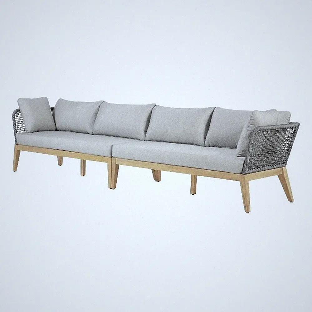 Pemberly Row Teak Wood 128" Sofa with Gray Color Rope Design