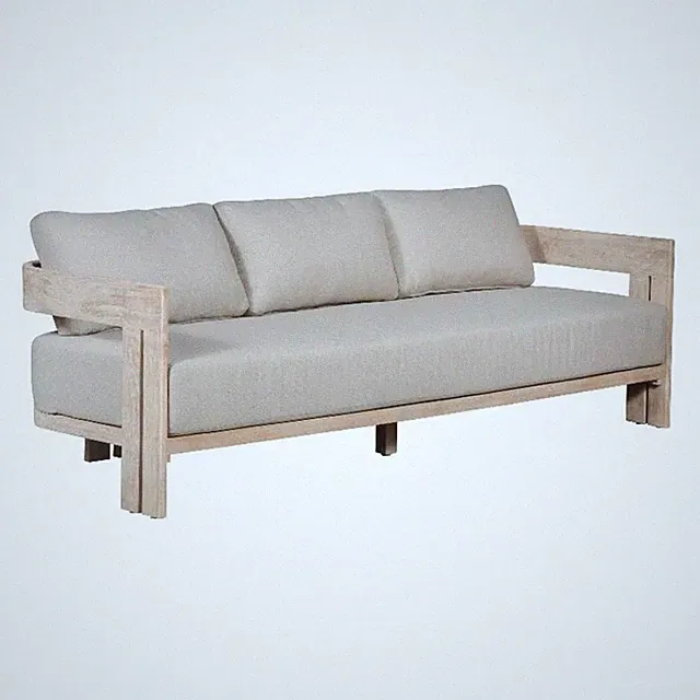 Pemberly Row Teak Wood Sofa Natural Look in Gray Finish Fabric