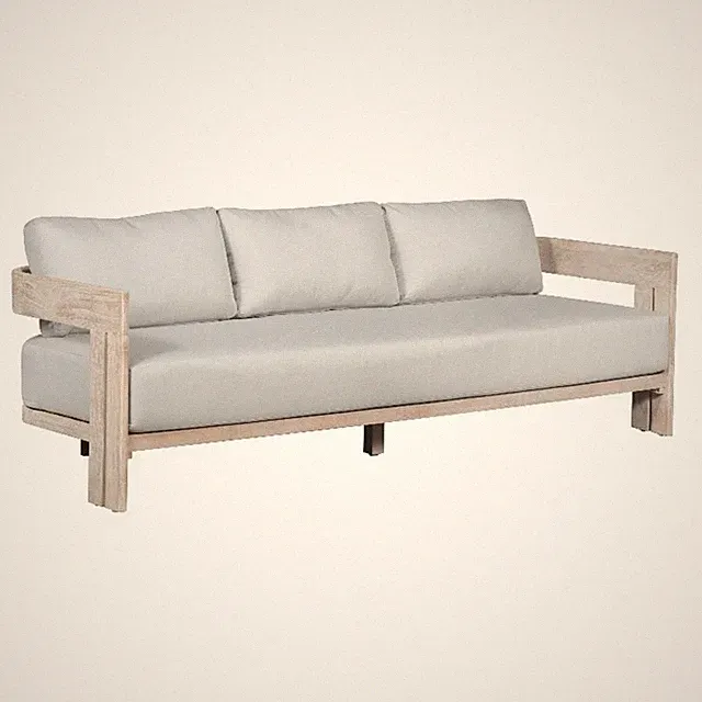 Pemberly Row Teak Wood Sofa Natural Look - Light Grey Fabric