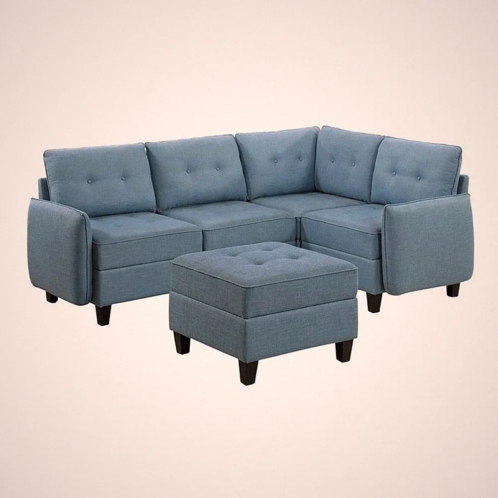 Pemberly Row Textured 5-Pc Sectional with Hidden Storage & Ottoman in Blue