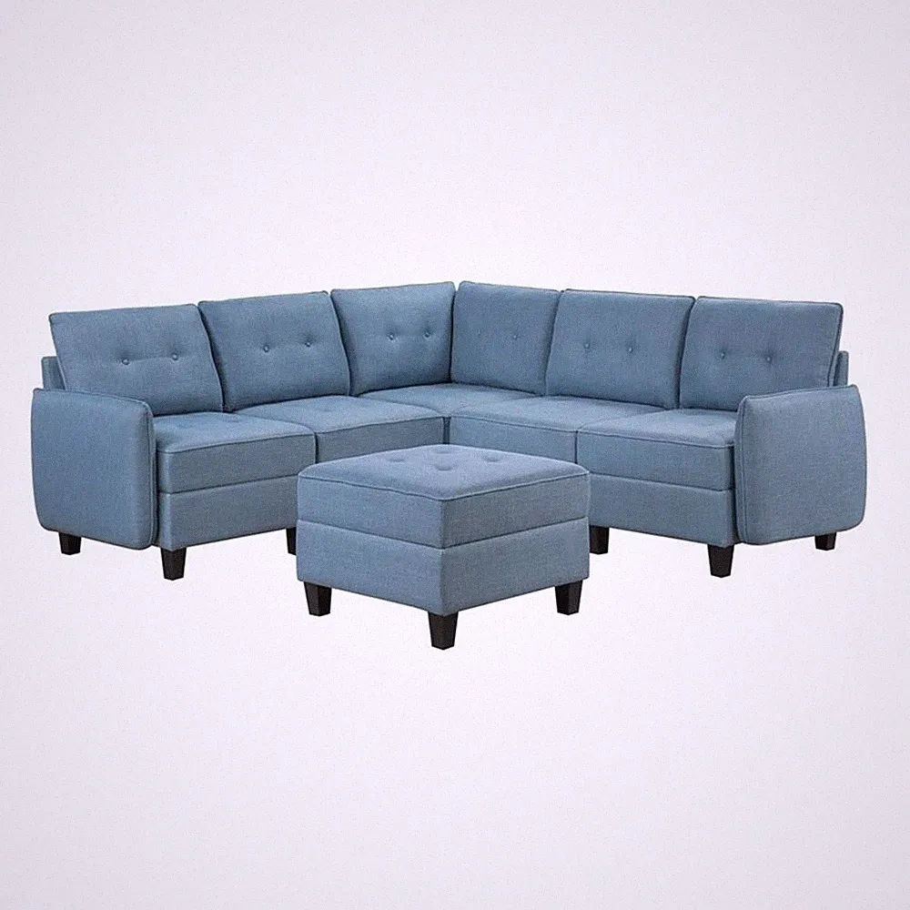 Pemberly Row Textured 6-Piece Sectional with Storage and Ottoman in Blue
