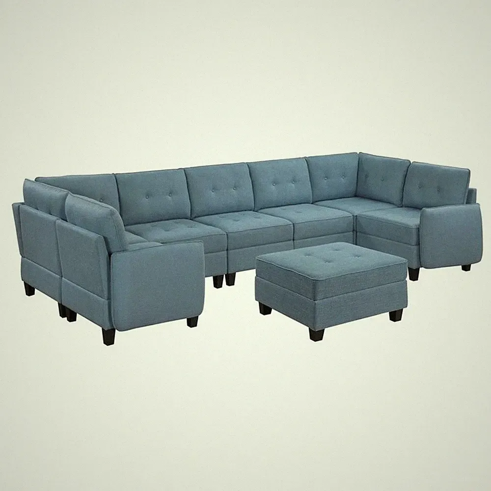 Pemberly Row Textured 8-Piece U-Shaped Modular Sectional with Storage in Blue