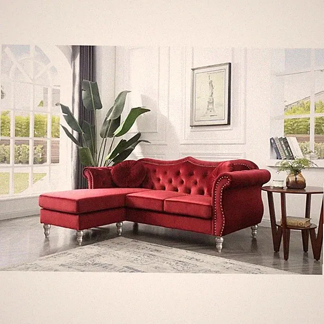 Pemberly Row Transitional Tufted Velvet Sofa Chaise in Burgundy Red