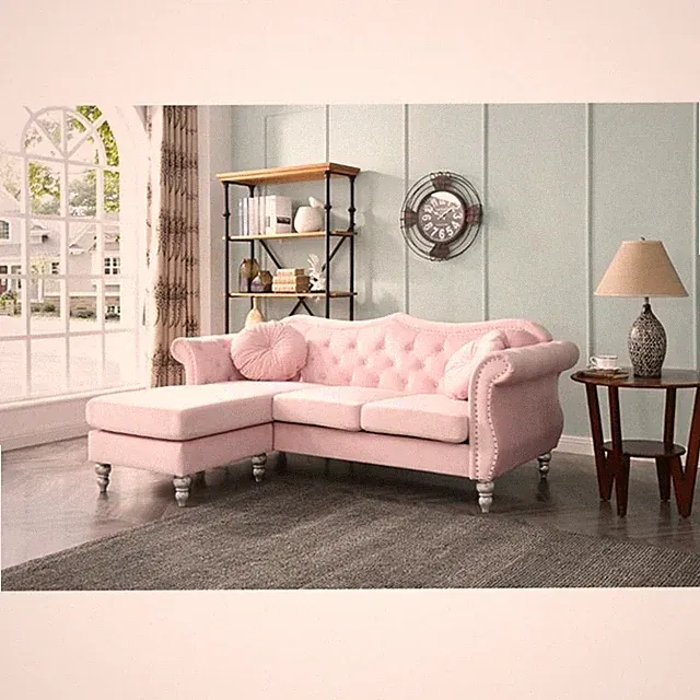 Pemberly Row Transitional Velvet Back Tufted Sofa Chaise in Pink