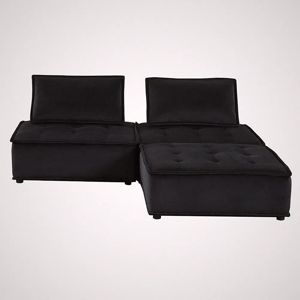 Pemberly Row Velvet 3-Piece Sectional Loveseat Ottoman in Black