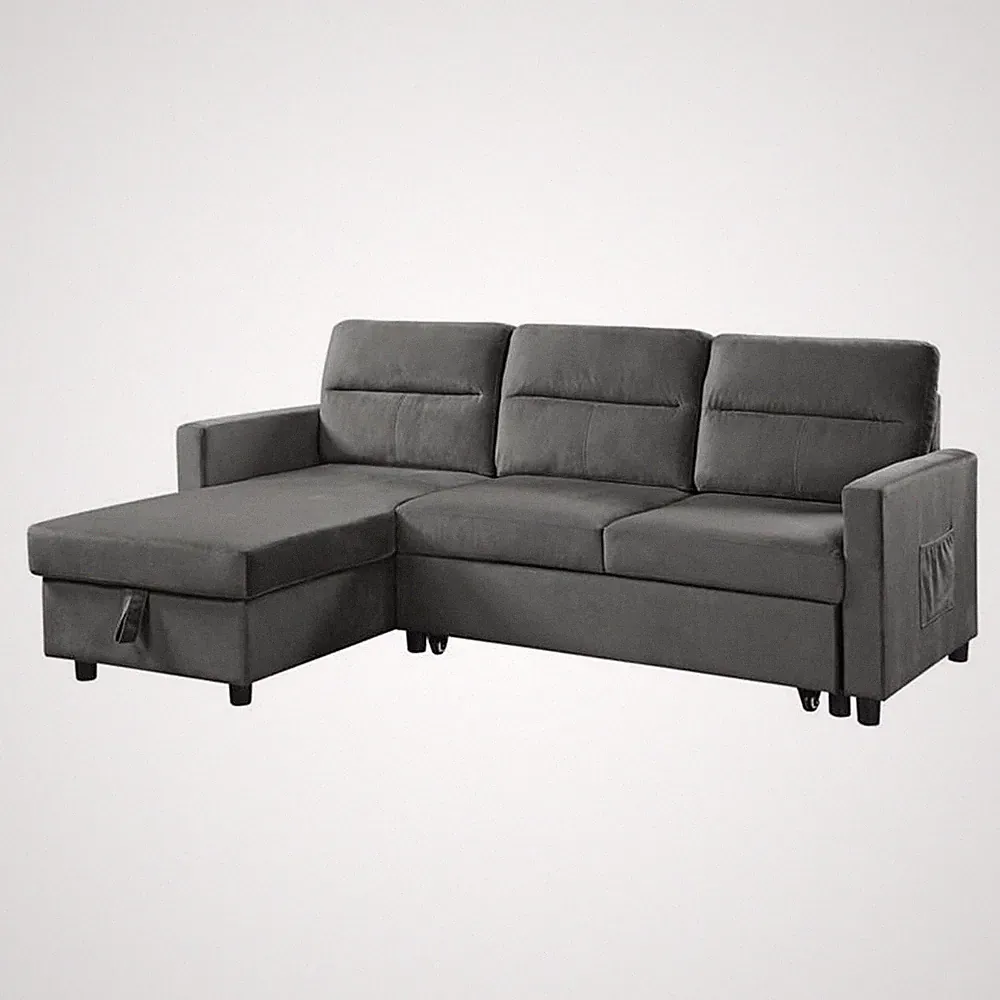 Pemberly Row Velvet Reversible Sleeper Sectional with Storage in Dark Gray