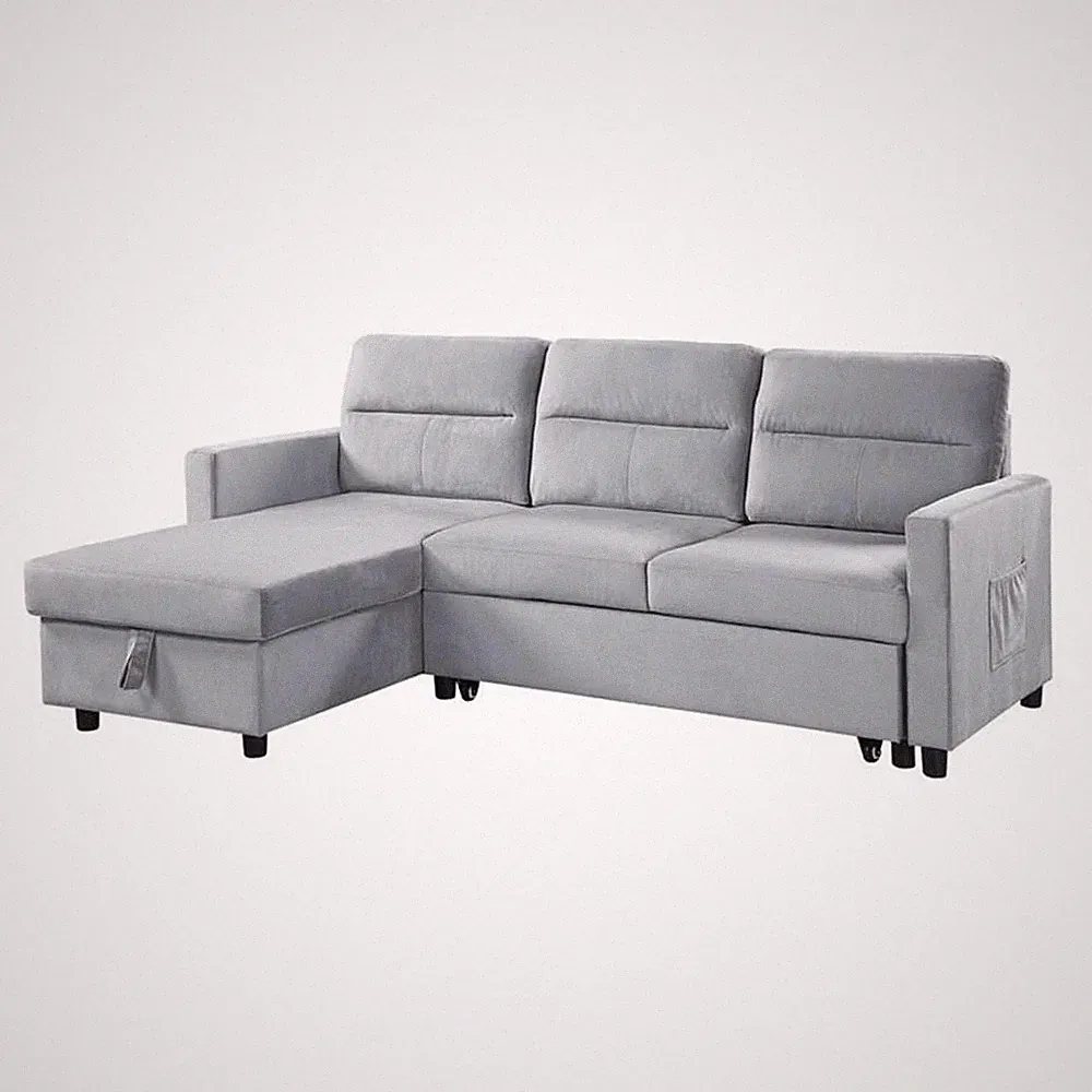 Pemberly Row Velvet Reversible Sleeper Sectional with Storage in Light Gray