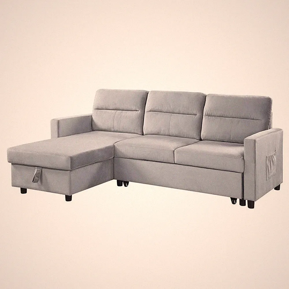 Pemberly Row Velvet Reversible Sleeper Sectional with Storage in Light Gray