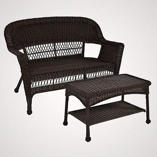 Pemberly Row Wicker Espresso Patio Love Seat & Coffee Table Set without Cushion