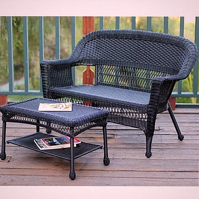 Pemberly Row Wicker Patio Love Seat and Coffee Table Set - Black without Cushion