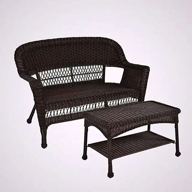 Pemberly Row Wicker Patio Love Seat and Coffee Table Set - Black without Cushion
