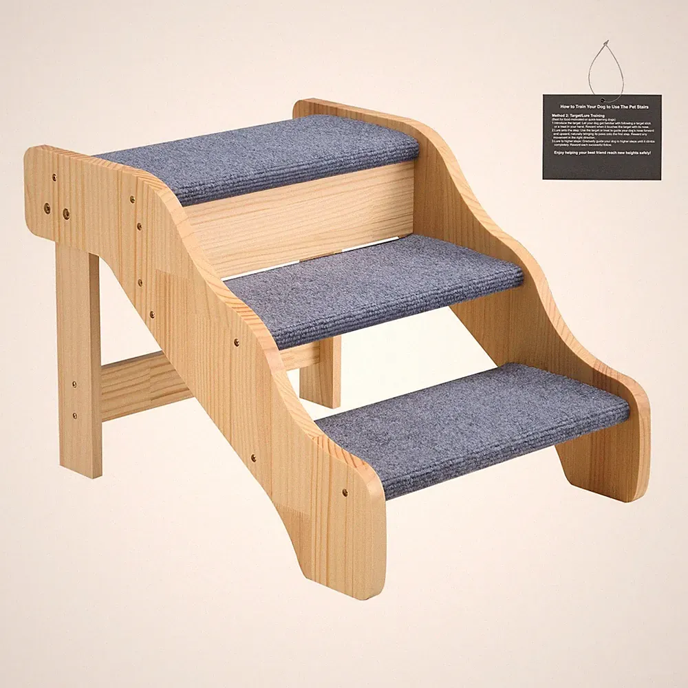 Pet-Friendly 3-Step Wooden Ladder for Easy Bed and Sofa Access