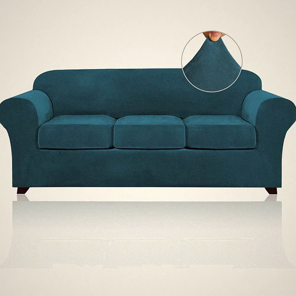 Pet-Friendly Deep Teal Velvet Slipcovers - 4 Piece Set for Sofas Up to 90''