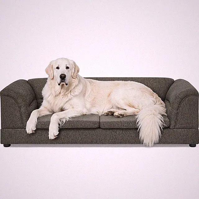 Pet Sofa, Curved Armrest Rectangular Dog Sofa, Linen Fabric Comfort Pet Couch