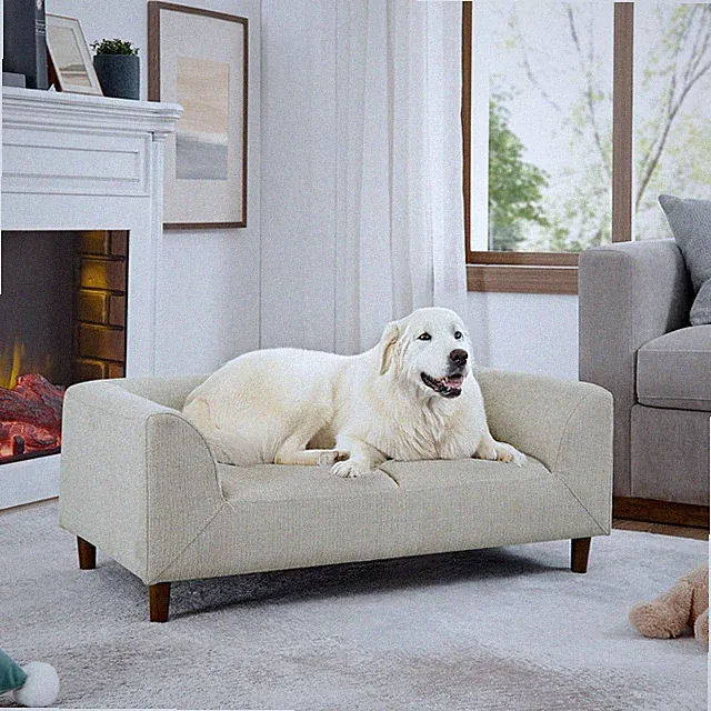 Pet Sofa w/ Backrest & Armrests for Small Medium Dogs - Beige Modern Rectangular