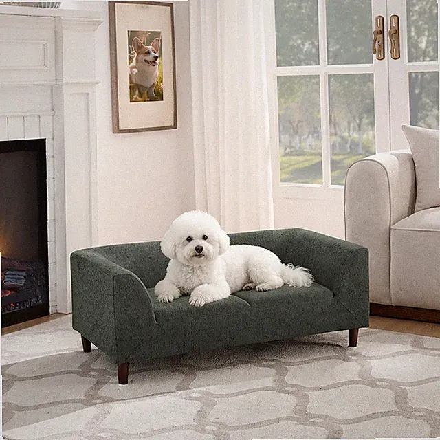 Pet Sofa with Backrest and Armrests, Modern Rectangular Pet Sofa Olive Green