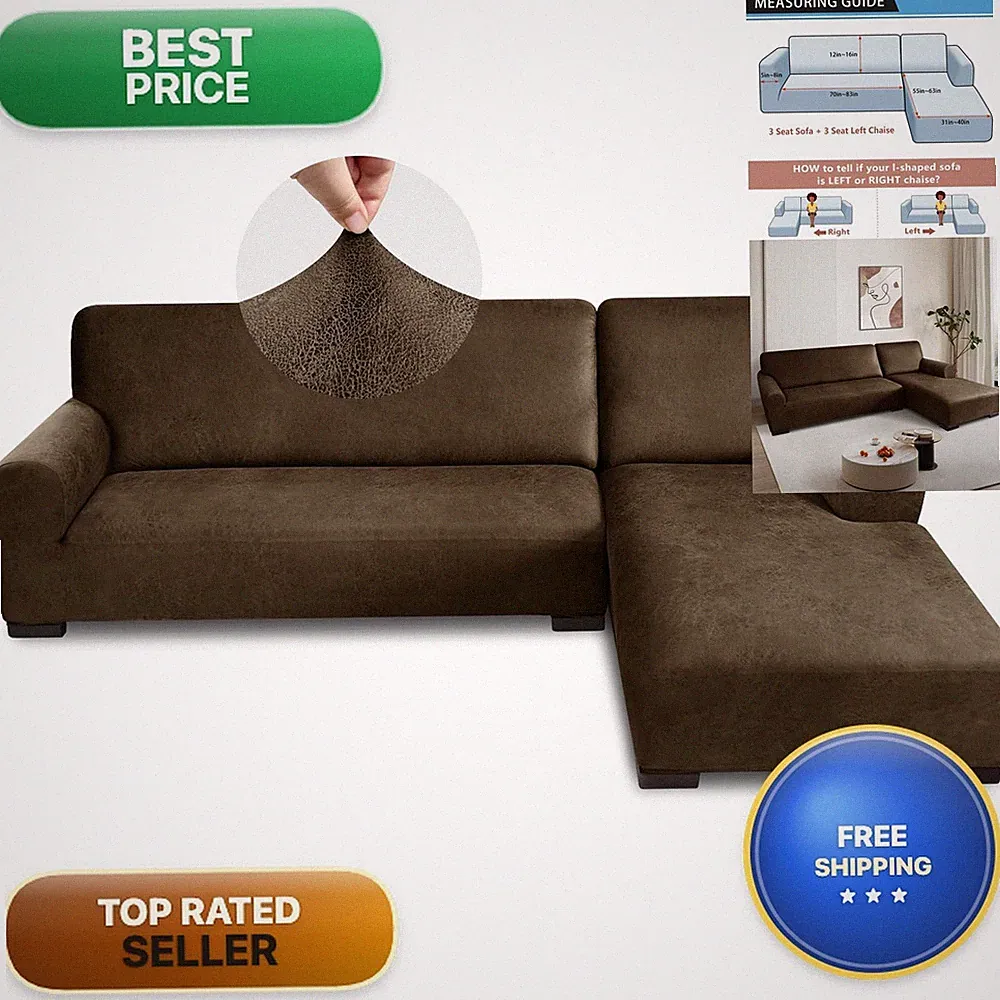 Pfrstuv Sectional Couch Covers, Leather Sofa Cover L Shape 2PCS Soft Stretch