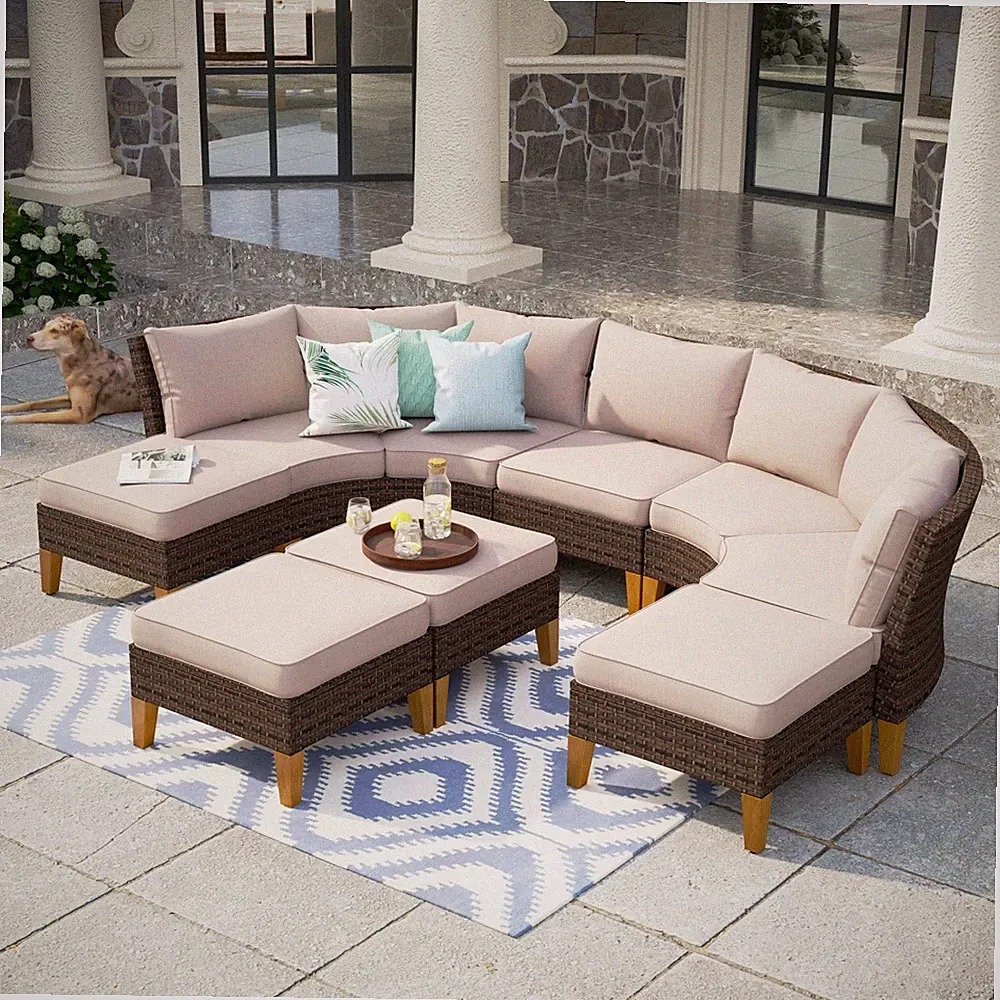 PHI VILLA 7-seat Outdoor Patio Conversation Set Curved Rattan Sectional Sofa Set