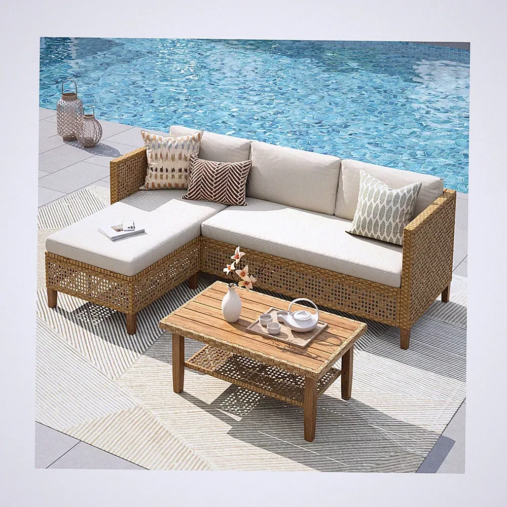 PHI VILLA Sectional Outdoor Couch, Small Patio Furniture Set with Cushions an...