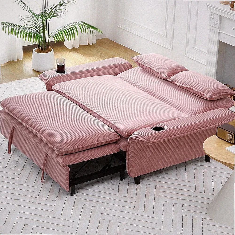 Pink 66" Convertible Sofa Bed with Cup Holder, Adjustable Armrests & Backrests