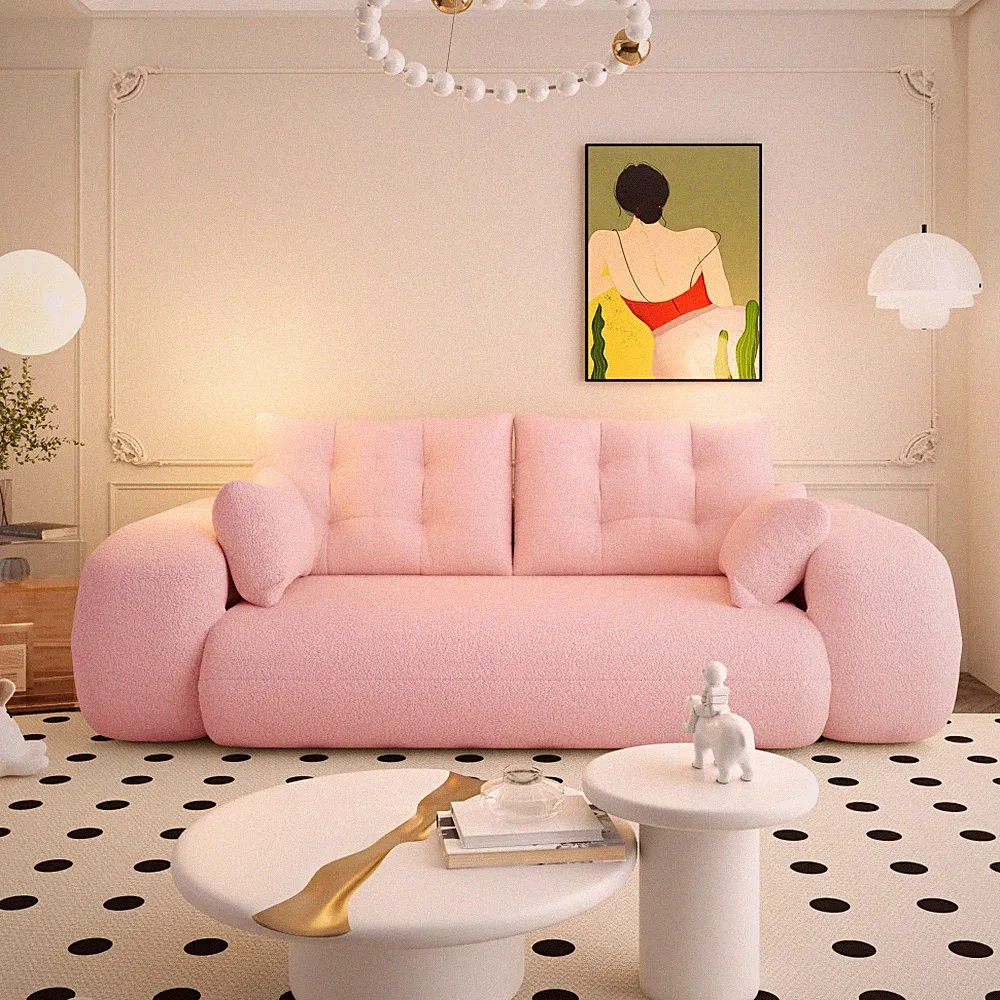 Pink 78.7" Foldable Sofa Bed, Teddy Fabric, Living Room Lounge Chair Guest Bed