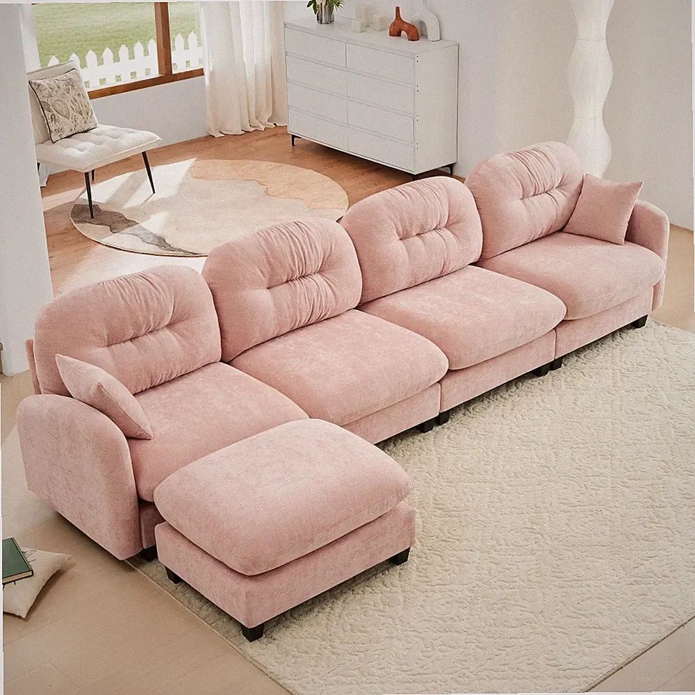 Pink Chenille L-Shape Sectional Sofa with Ottoman