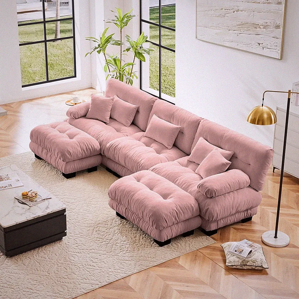 Pink Chenille Modular Oversized Cloud Couch Sectional Sofa w/ 2 Ottomans