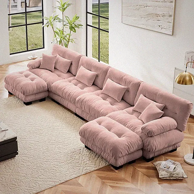 Pink Chenille U-Shaped Sectional Sofa with 2 Ottomans, 4-Seater Cloud Couch
