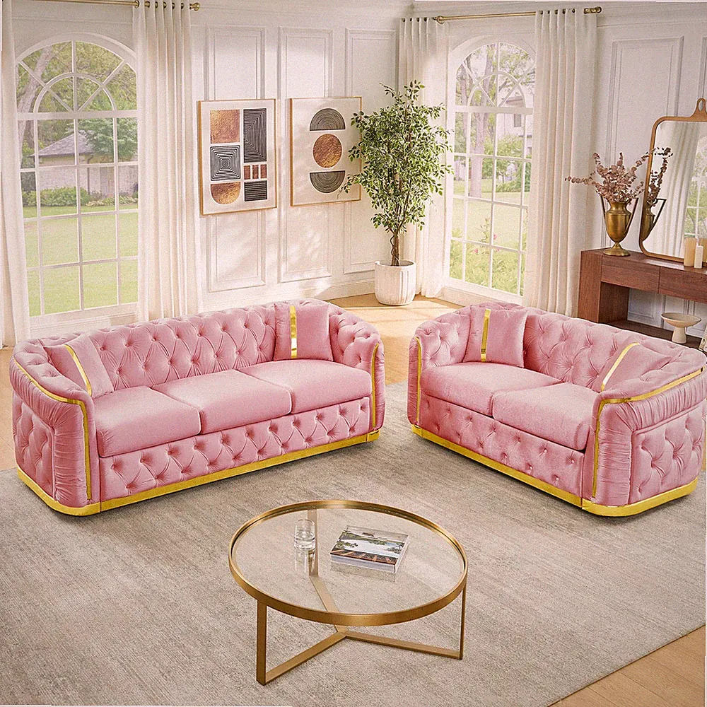 Pink Chesterfield Sofa Set Velvet 3 Seater & Loveseat Gold Trim