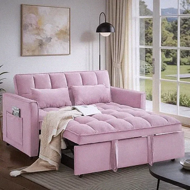 Pink Convertible Sofa Bed with Adjustable Backrest and Side Pockets