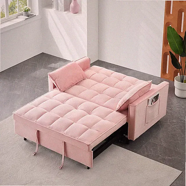 Pink Convertible Sofa Bed with Pull-Out Bed & Adjustable Backrest, 55