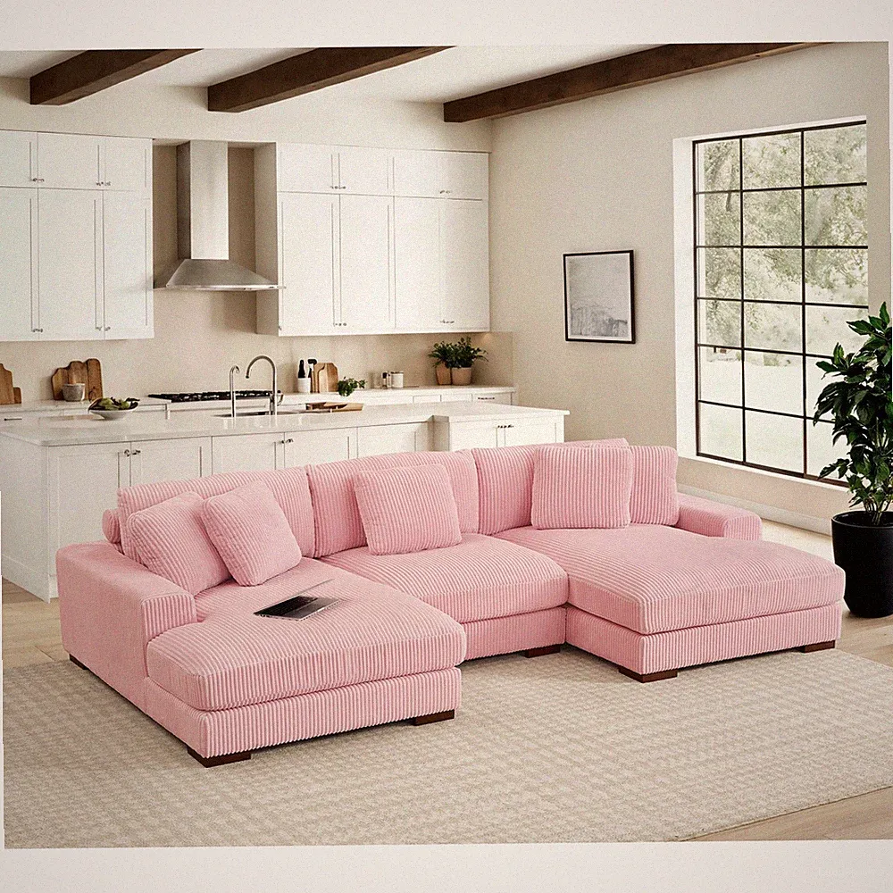 Pink Corduroy 3-Seat Sectional Sofa, 125"L x 65"W