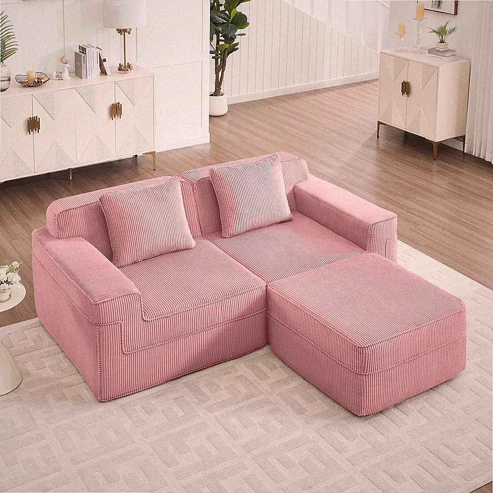 Pink Corduroy L-Shape Modular Cloud Sectional Sofa w/ Ottoman & Pillows