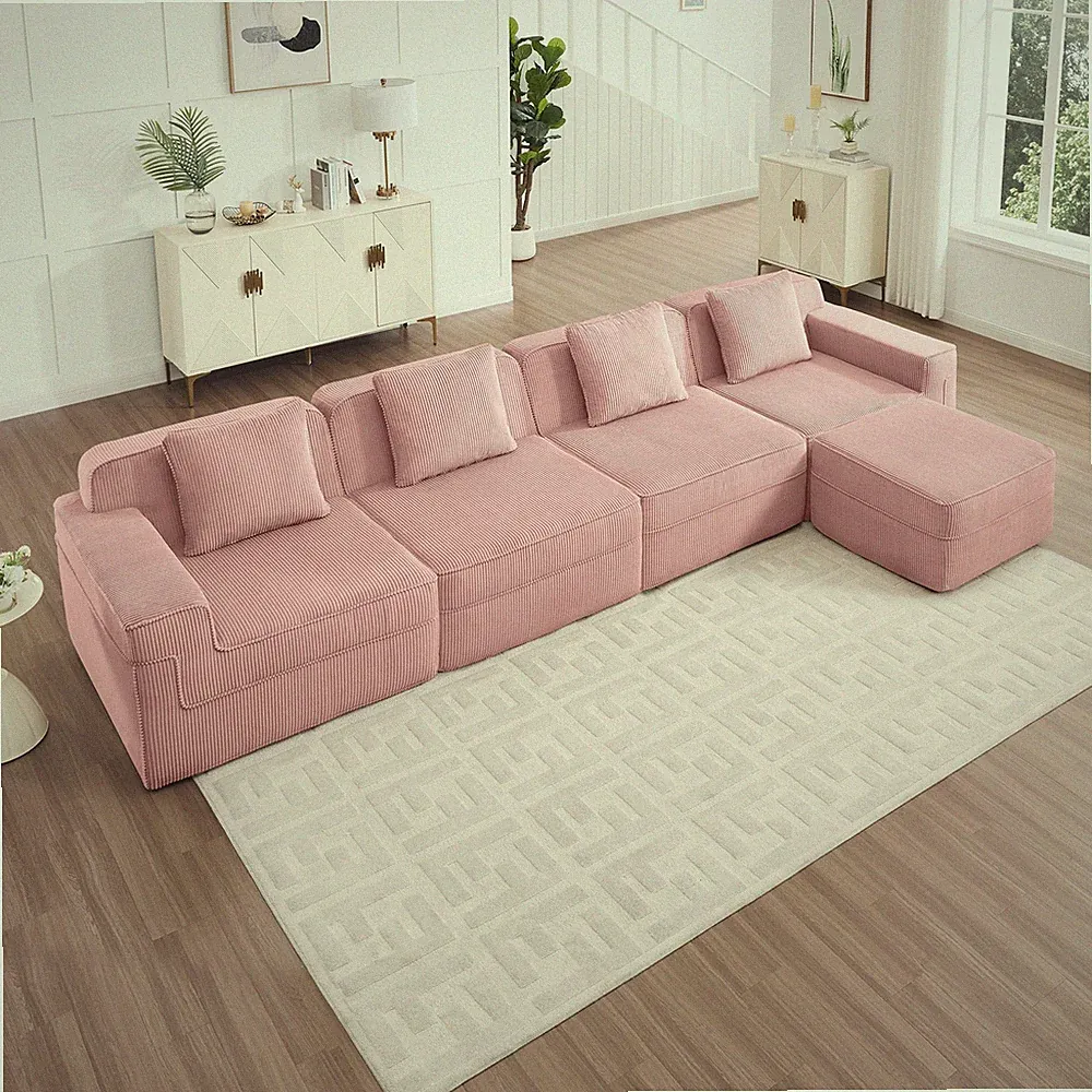 Pink Corduroy Modular Cloud Sofa, L-Shape Sectional 4-Seat w/ Ottoman