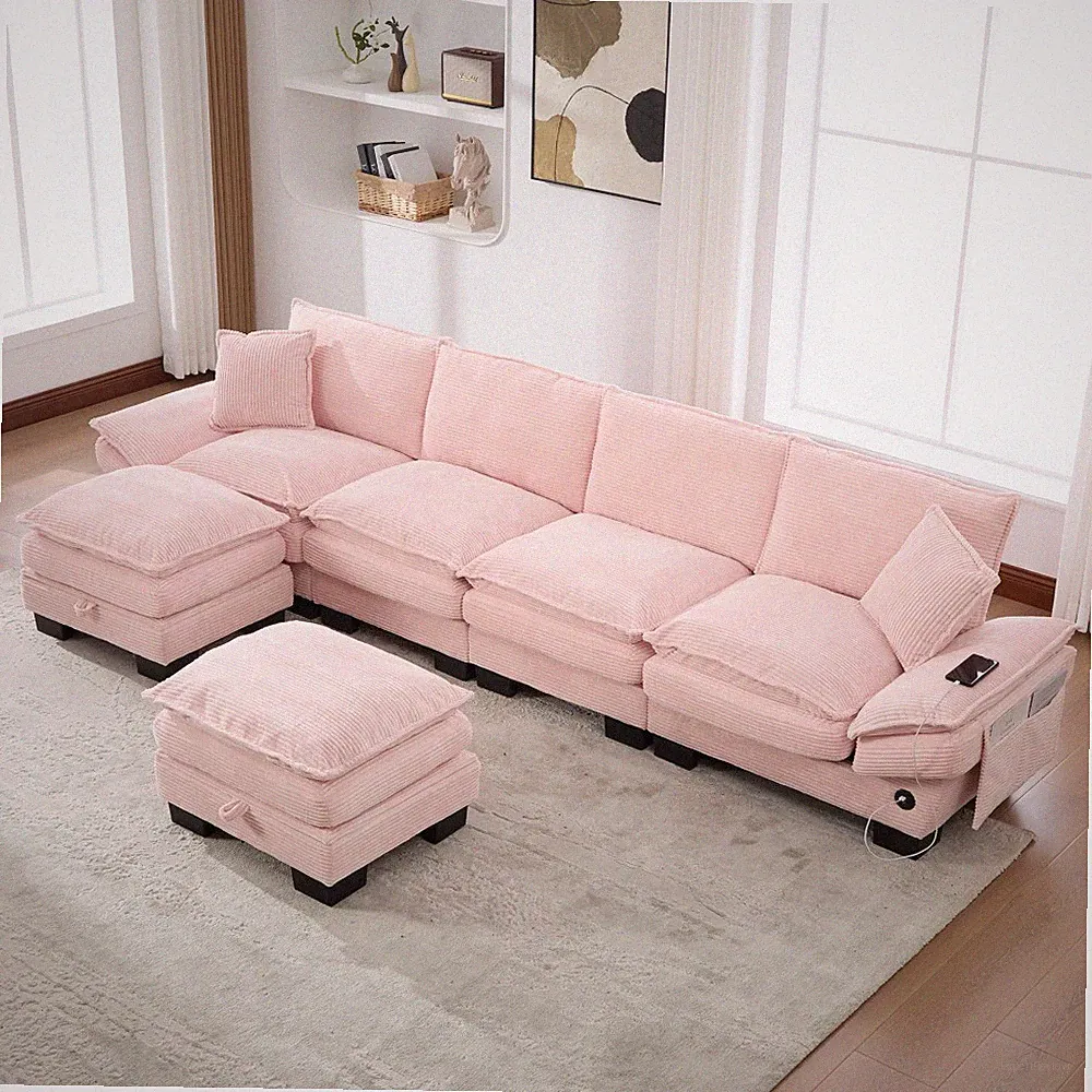 Pink Corduroy Modular Sectional Sofa, Cloud Couch w/ Storage & USB Ports