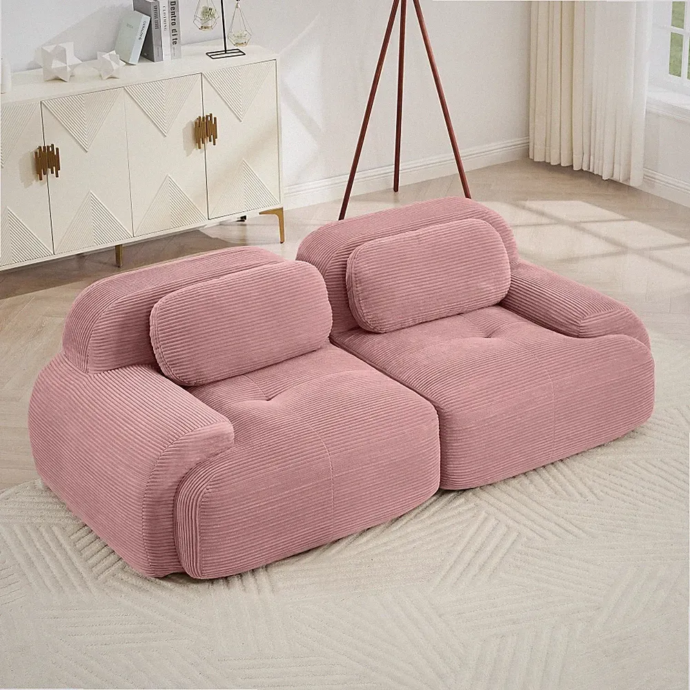 Pink Corduroy Sofa Modular Sectional Love Seat with Curved Armrests Anti-Slip