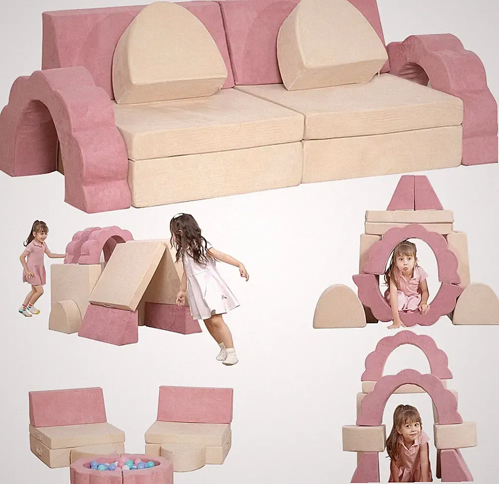 Pink Flower Kids Play Couch - 10PCS Foam Sectional Sofa for Playroom Fun