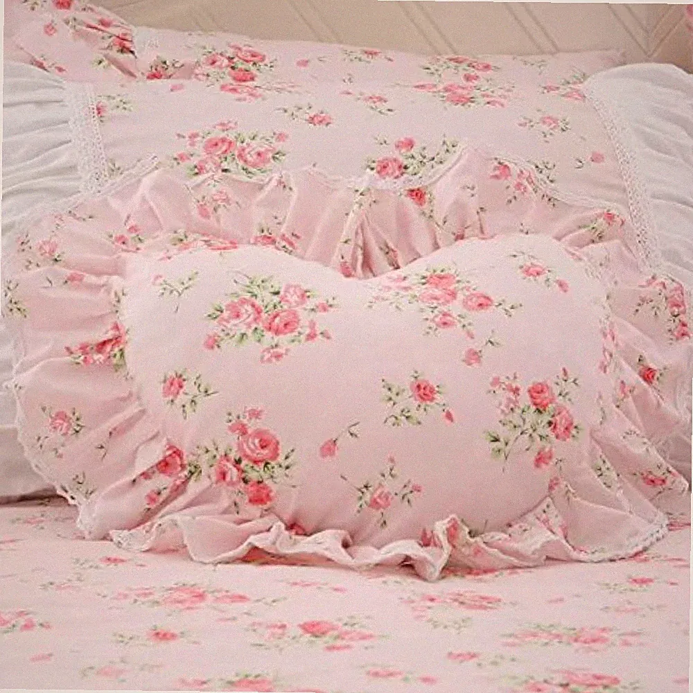 Pink Heart Shaped Floral Ruffle Throw Pillow Sham Cushion Sofa Bed Decor Cute
