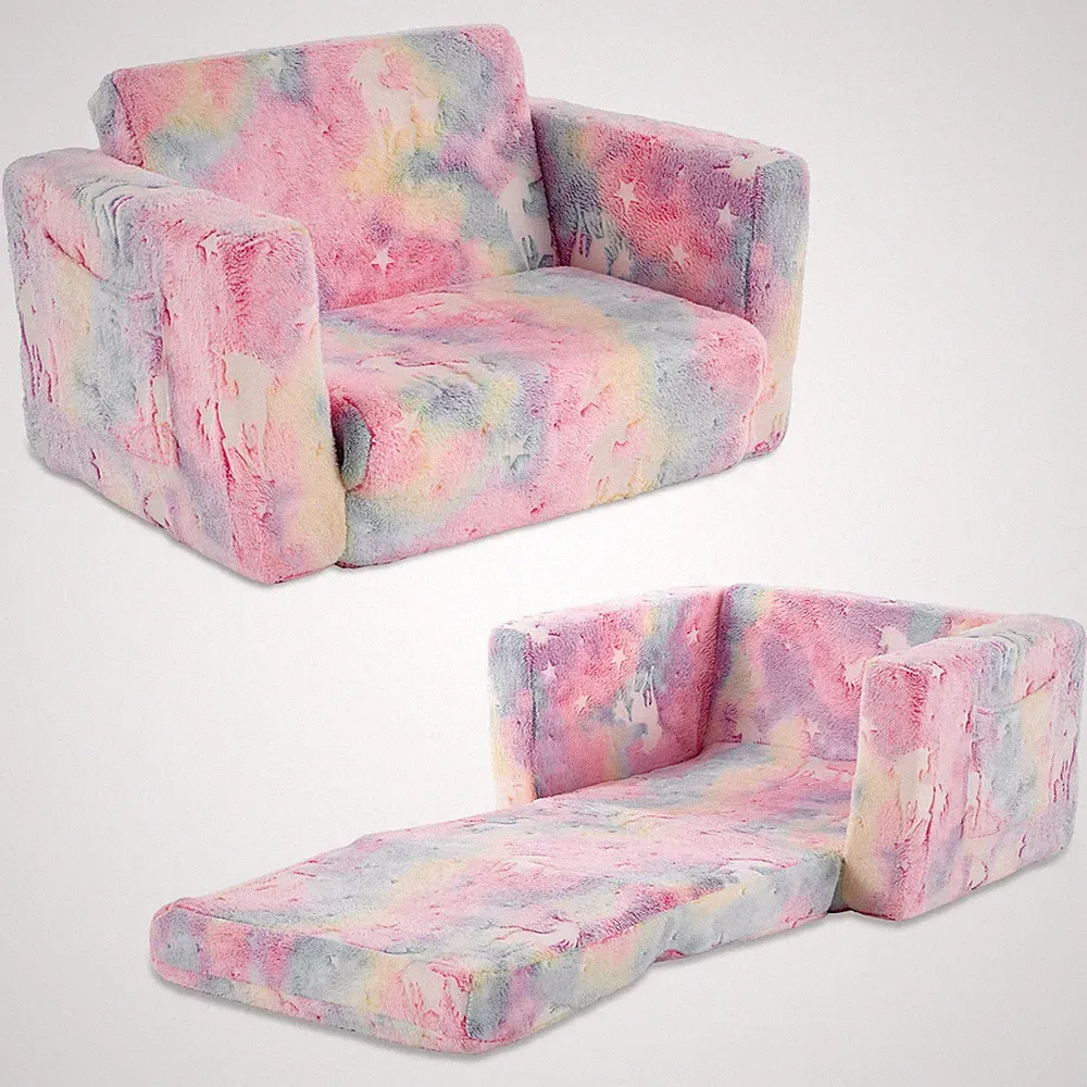 Pink Kids Foldable Sofa Bed All-Sponge Single Chaise Lounge Pink Unicorn Flannel