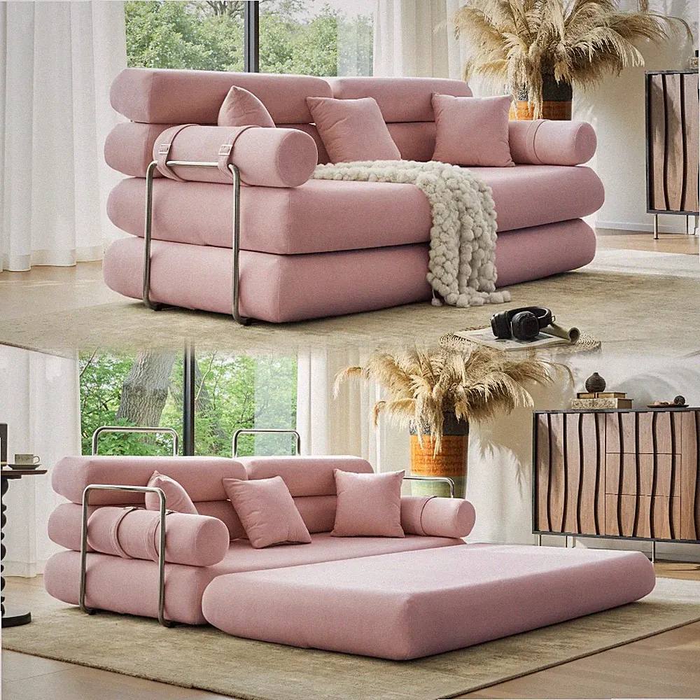 Pink L-Shaped Sofa Bed, Chenille Fabric, Pet-Friendly, Modern Sectional