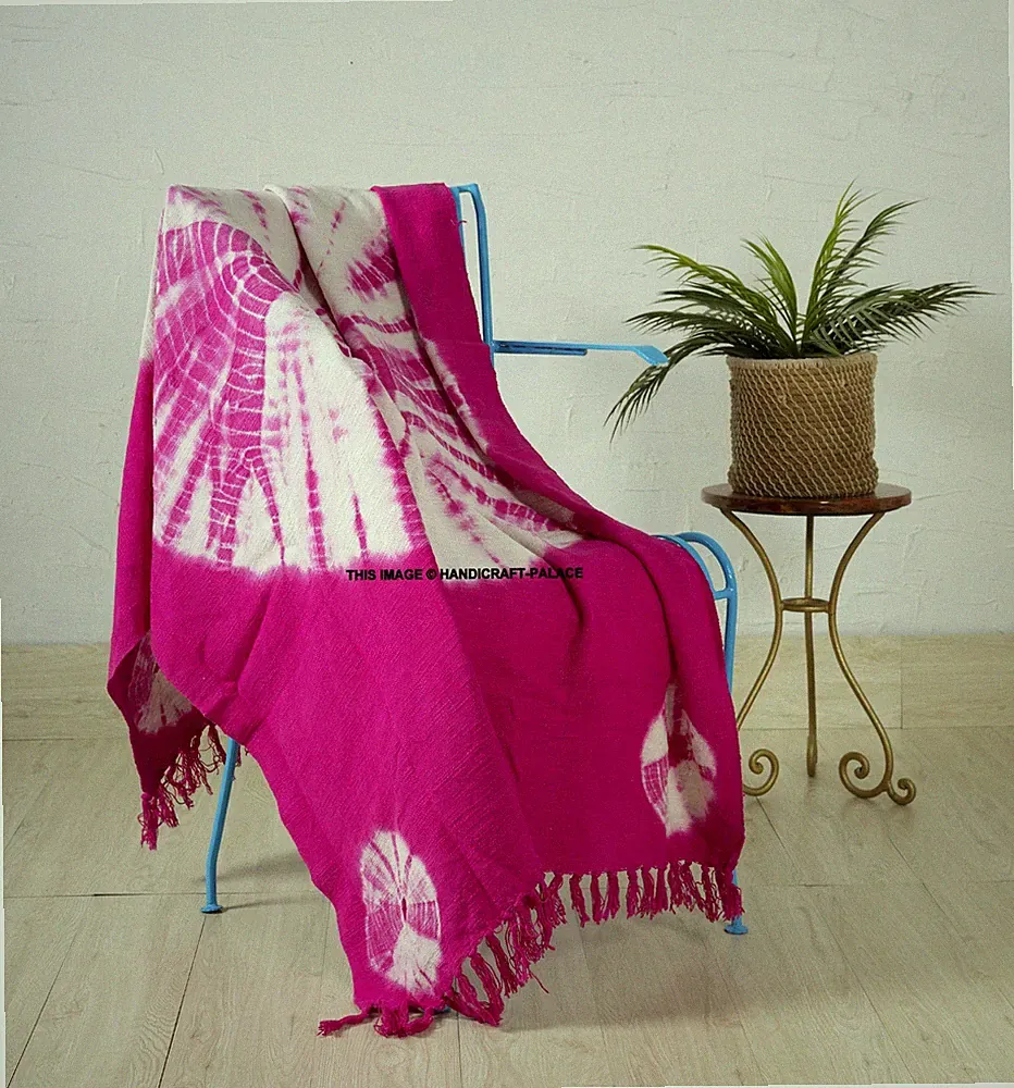 Pink Mandala Hand Tie Dye Shibori Throw Blanket Boho Mud Cloth Bed Couch Throw