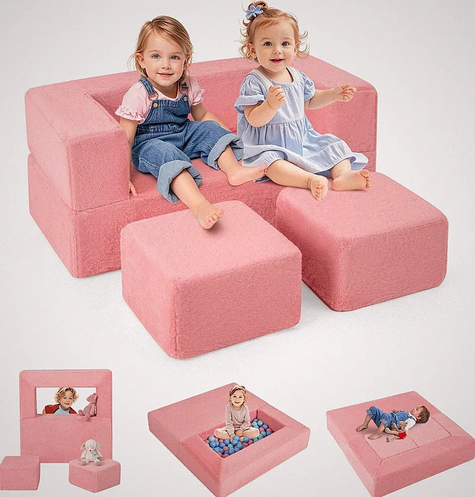 Pink Modular Kids Play Couch - Convertible Foam Sofa for Playroom Fun