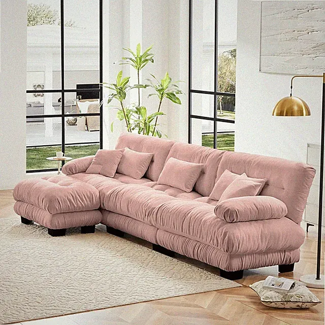 Pink Modular Sectional Sofa with Ottoman - Oversized L-Shaped Couch