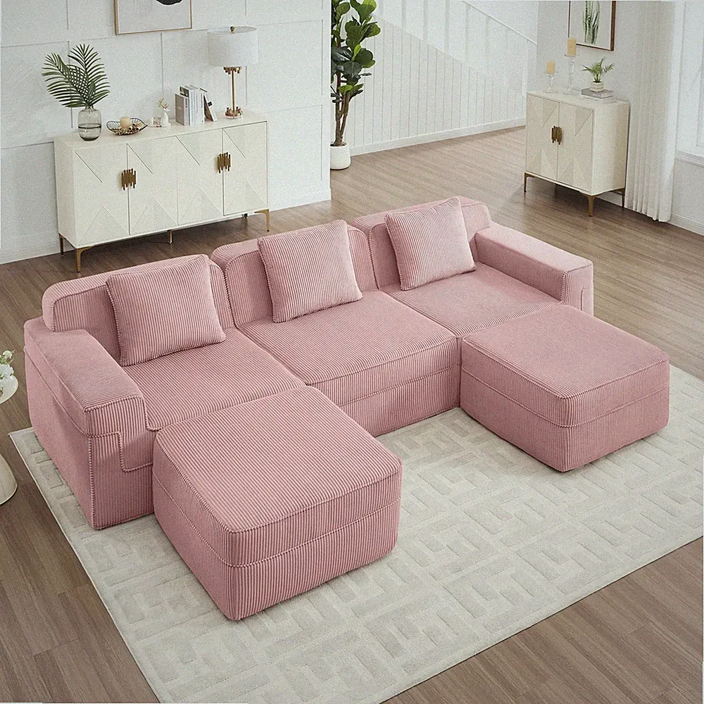 Pink Plush U Shape Corduroy Sectional Sofa, Modular Cloud Couch w/ Ottomans