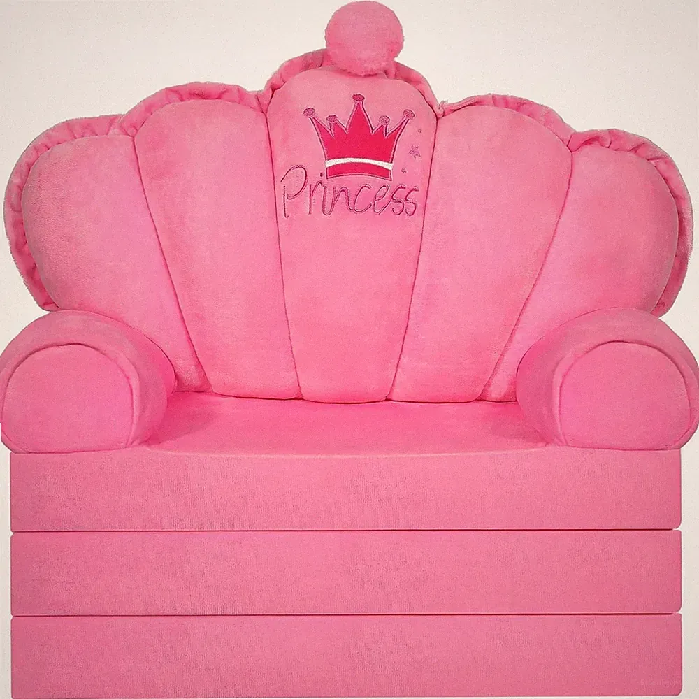 Pink Princess Toddler Couch Fold Out, 2-In-1 Foldable Sofa Bed & Chair for Kids