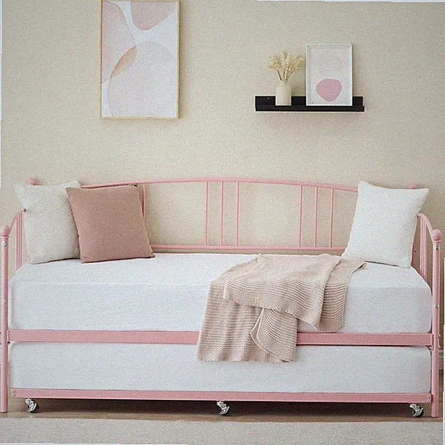 Pink Twin Metal Daybed with Trundle, Space-Saving Sofa Bed for Guests