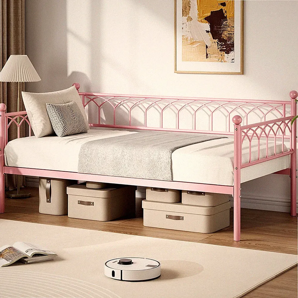 Pink Twin Size Daybed Frame, Heavy Duty Metal Sofa Bed for Small Spaces
