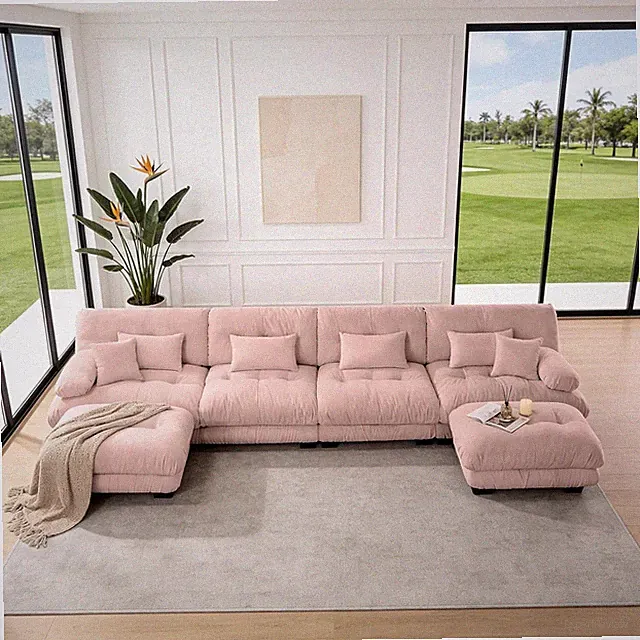 Pink U-Shaped Modular Cloud Couch with Ottomans - 4-Seat Oversized Sofa