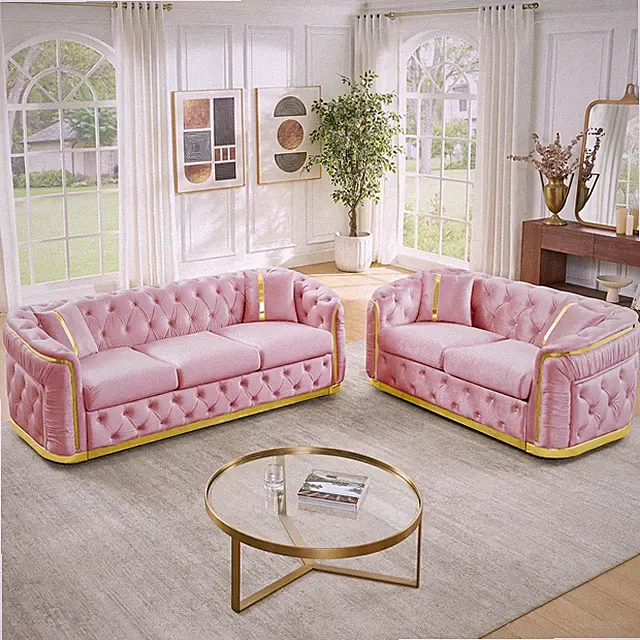 Pink Velvet Chesterfield Sofa Set 84.6" 3 Seater & 62.6" Loveseat