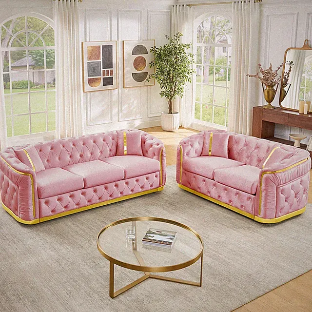 Pink Velvet Chesterfield Sofa Set 84.6" 3 Seater & 62.6" Loveseat